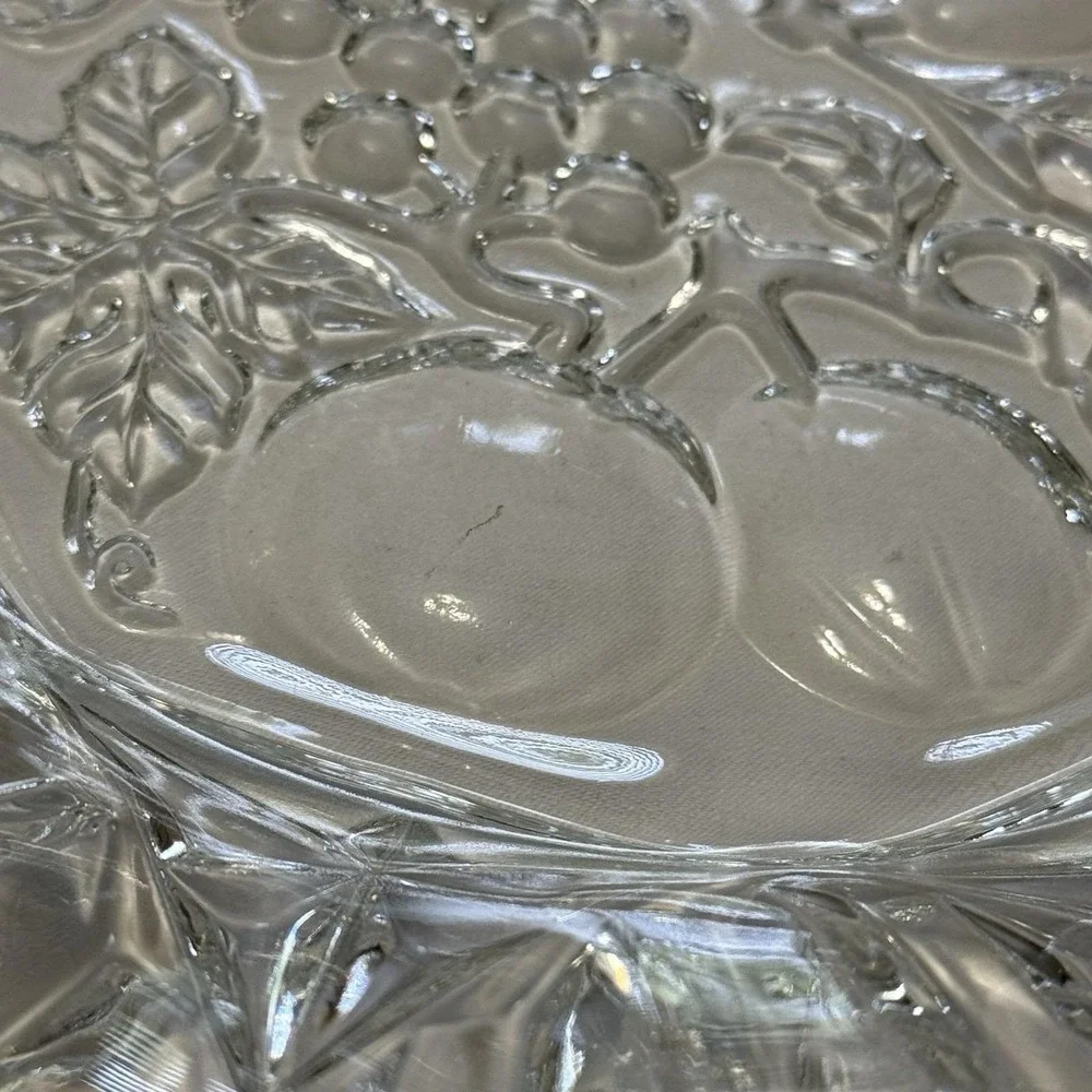 Vintage Clear Pressed Glass Fruit Bowl Grapes Apple Pear Starburst Scalloped 11